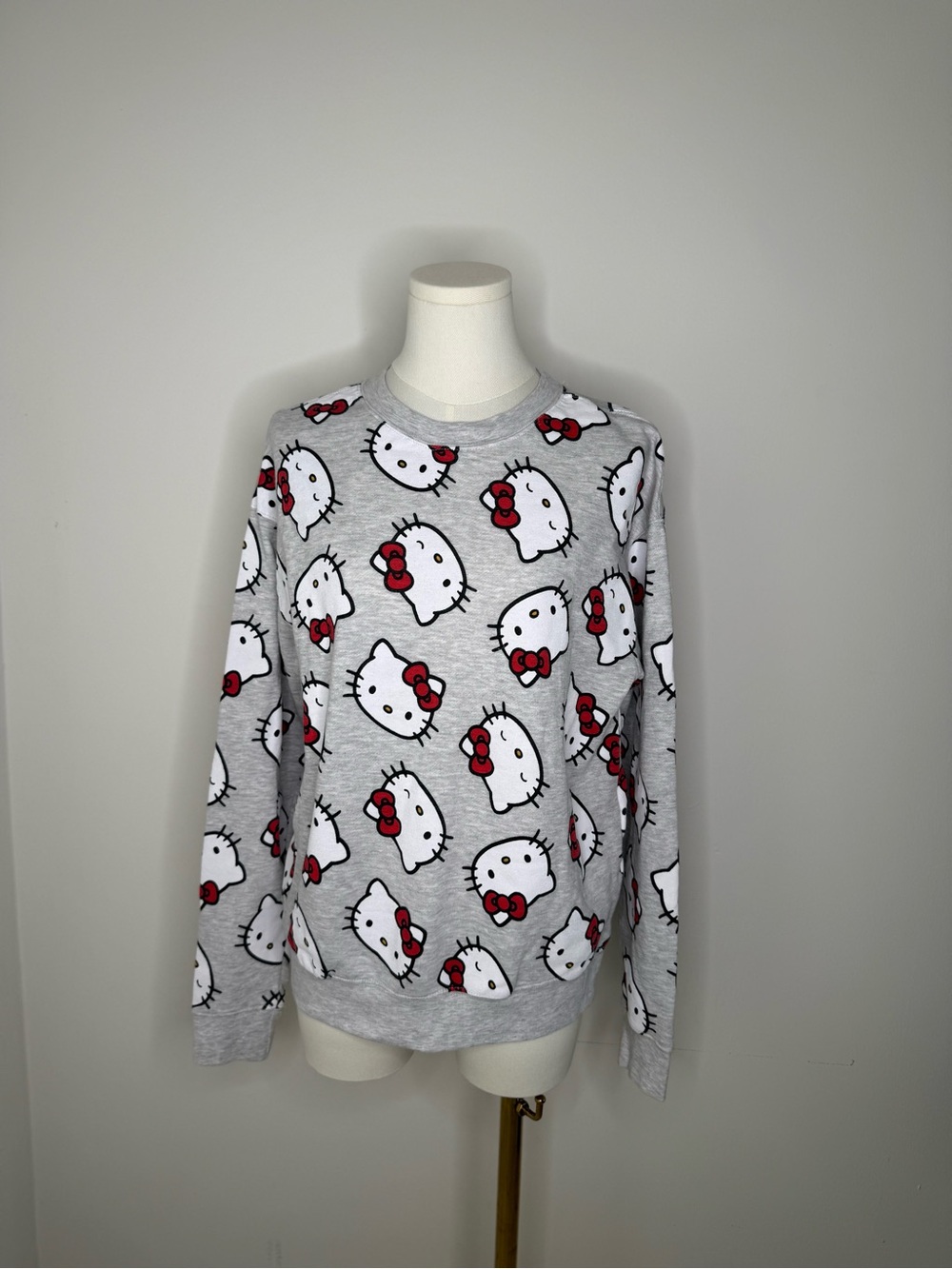 Hello Kitty Gray and Red Allover Graphic Crewneck Sweater